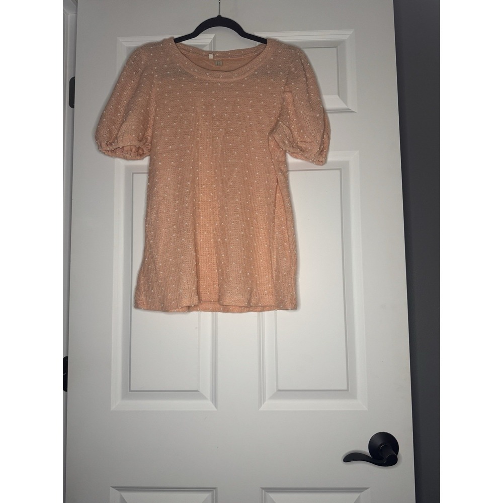 Hayden Balloon Sleeve White Stitch Polka Dot Top Large Peach  NWT